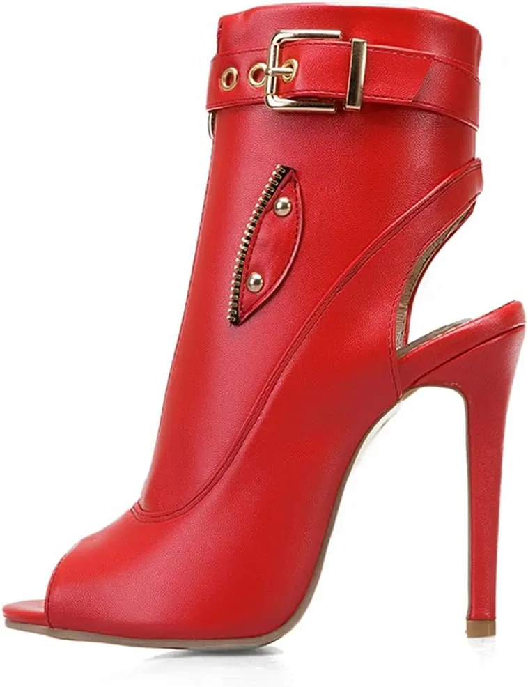 VOKLIN Women's Fashion Peep Toe Stiletto High Heel Sandals Buckle Zipper Party Pump Dress Heeled Sandal Booties