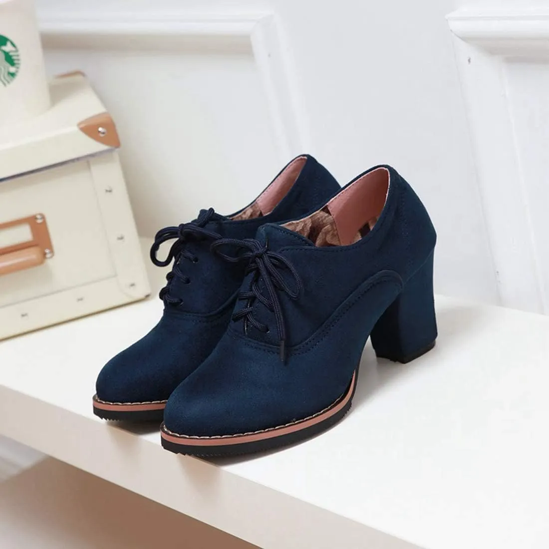 VOKLIN Women's Lace Up Pump Oxfords Shoes Fashion Suede Round Toe Comfort Chunky Mid Heels Dress Ankle Boots