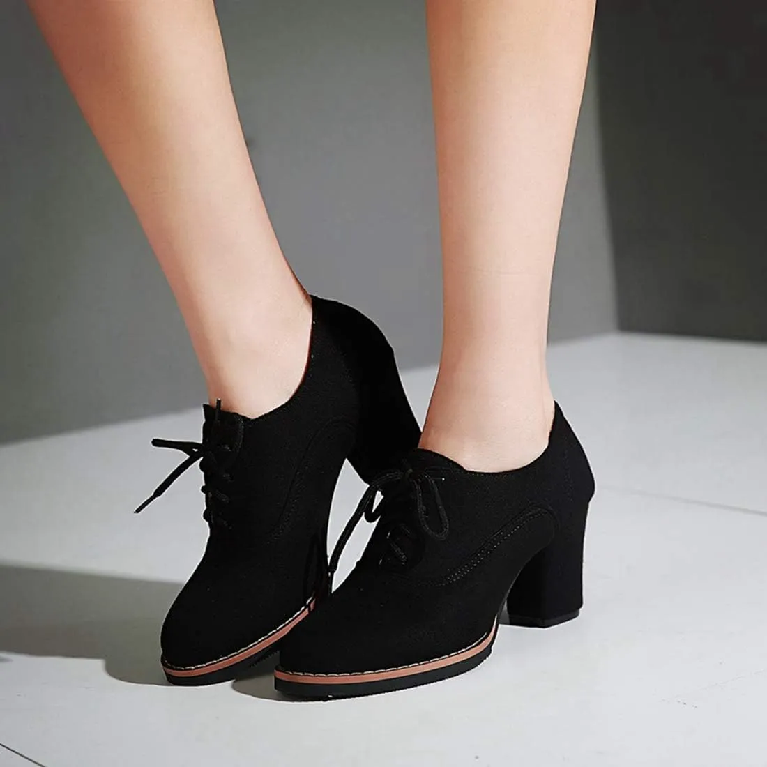 VOKLIN Women's Lace Up Pump Oxfords Shoes Fashion Suede Round Toe Comfort Chunky Mid Heels Dress Ankle Boots