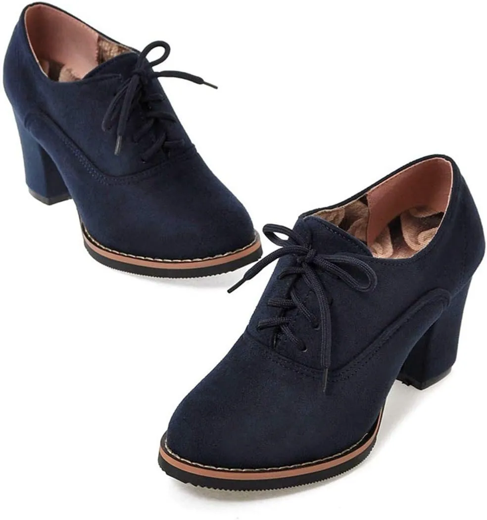 VOKLIN Women's Lace Up Pump Oxfords Shoes Fashion Suede Round Toe Comfort Chunky Mid Heels Dress Ankle Boots