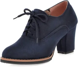 VOKLIN Women's Lace Up Pump Oxfords Shoes Fashion Suede Round Toe Comfort Chunky Mid Heels Dress Ankle Boots