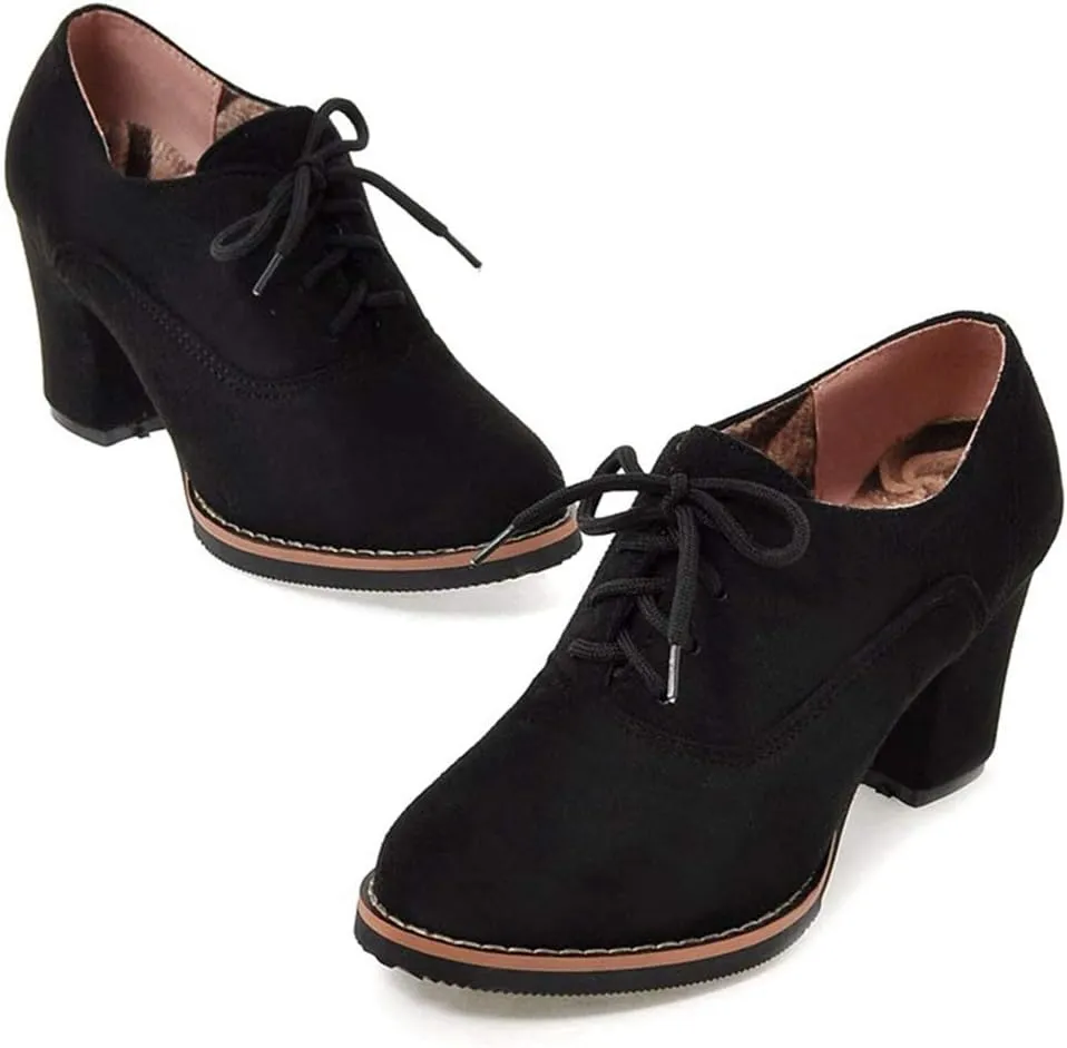 VOKLIN Women's Lace Up Pump Oxfords Shoes Fashion Suede Round Toe Comfort Chunky Mid Heels Dress Ankle Boots