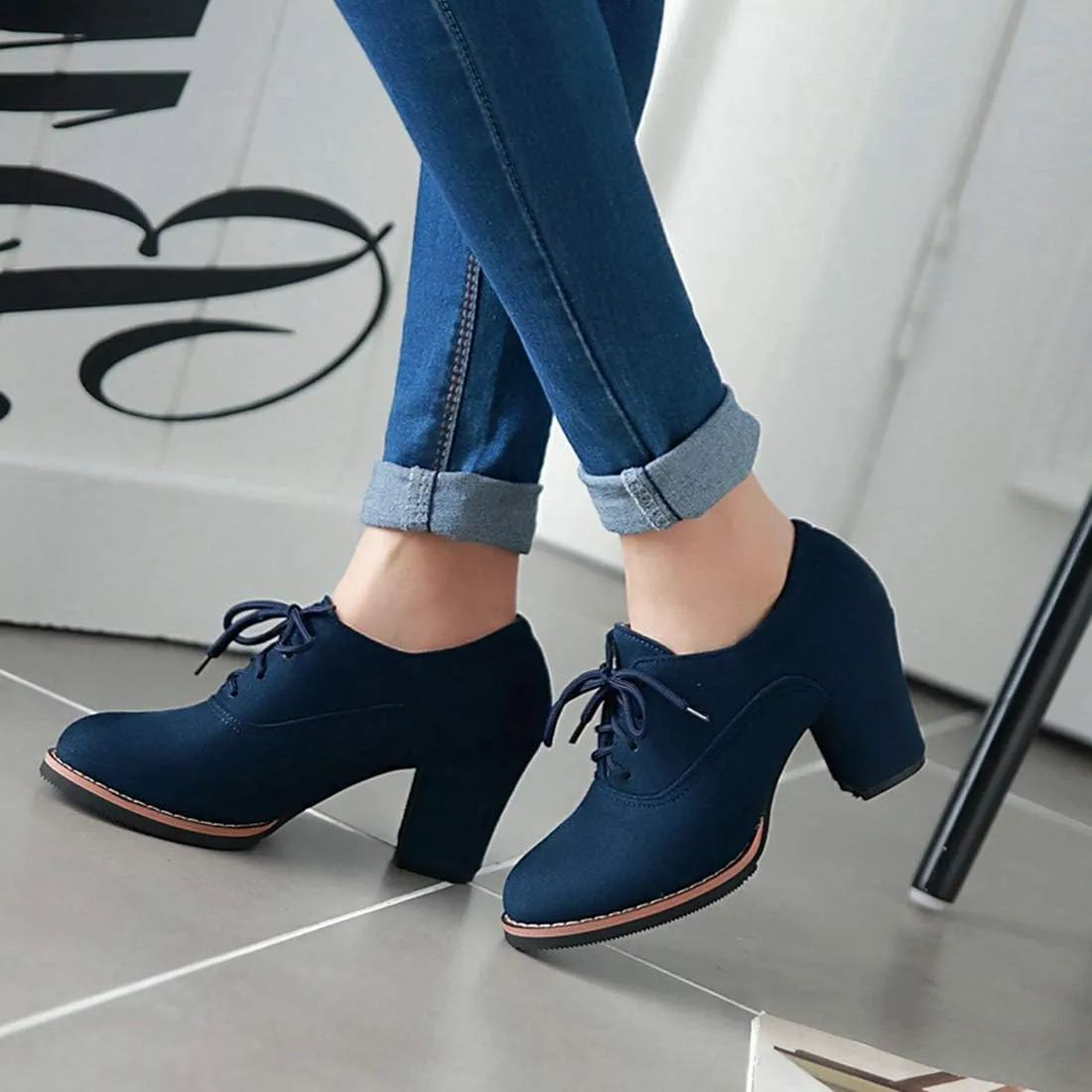 VOKLIN Women's Lace Up Pump Oxfords Shoes Fashion Suede Round Toe Comfort Chunky Mid Heels Dress Ankle Boots