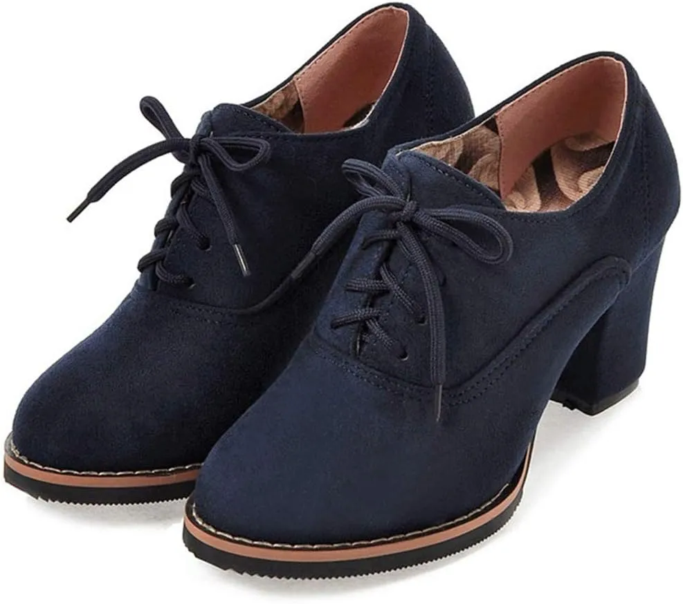 VOKLIN Women's Lace Up Pump Oxfords Shoes Fashion Suede Round Toe Comfort Chunky Mid Heels Dress Ankle Boots