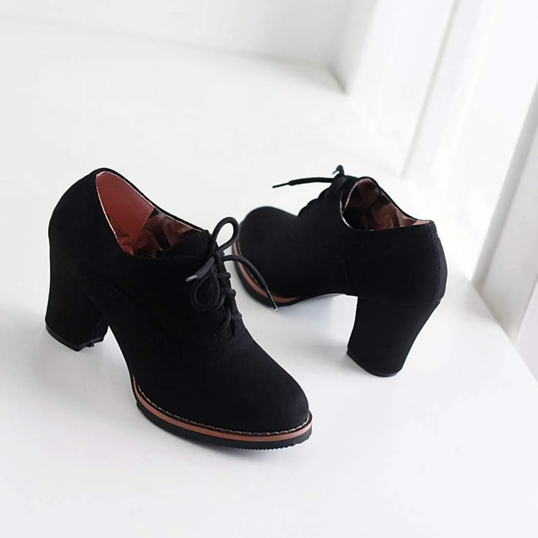 VOKLIN Women's Lace Up Pump Oxfords Shoes Fashion Suede Round Toe Comfort Chunky Mid Heels Dress Ankle Boots