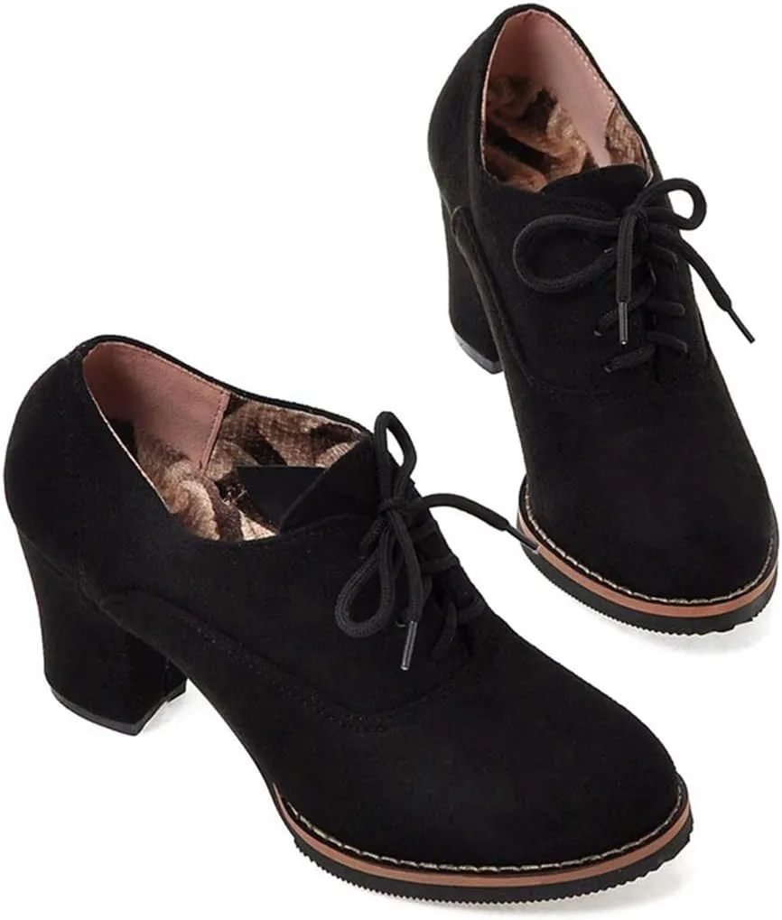 VOKLIN Women's Lace Up Pump Oxfords Shoes Fashion Suede Round Toe Comfort Chunky Mid Heels Dress Ankle Boots