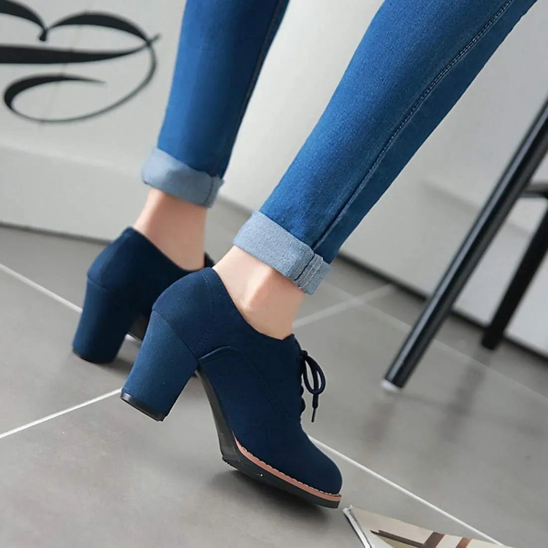 VOKLIN Women's Lace Up Pump Oxfords Shoes Fashion Suede Round Toe Comfort Chunky Mid Heels Dress Ankle Boots