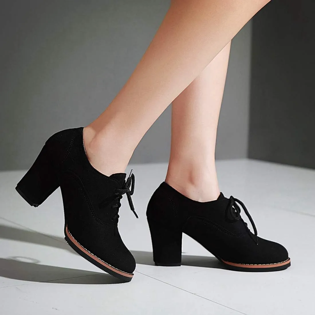 VOKLIN Women's Lace Up Pump Oxfords Shoes Fashion Suede Round Toe Comfort Chunky Mid Heels Dress Ankle Boots