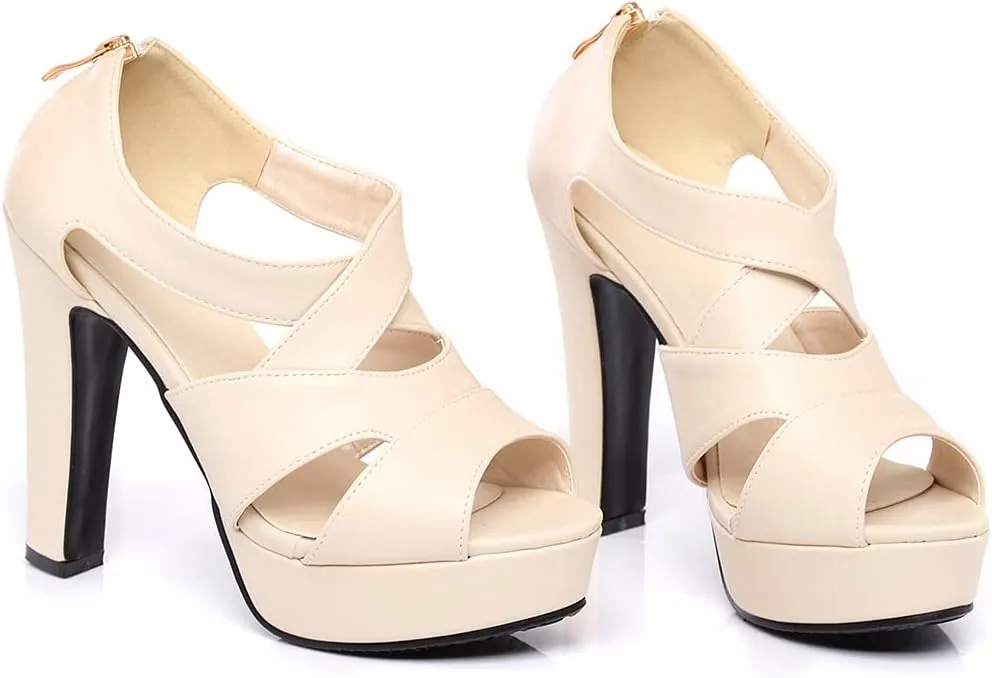VOKLIN Women's Peep Toe Platform Block High Heel Sandals Cross Strappy Back Zipper Pump Dressy Heeled Sandal