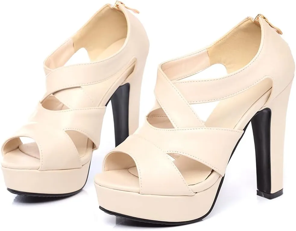 VOKLIN Women's Peep Toe Platform Block High Heel Sandals Cross Strappy Back Zipper Pump Dressy Heeled Sandal