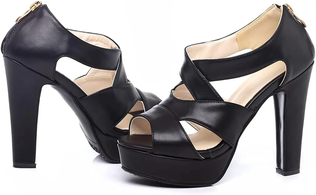 VOKLIN Women's Peep Toe Platform Block High Heel Sandals Cross Strappy Back Zipper Pump Dressy Heeled Sandal