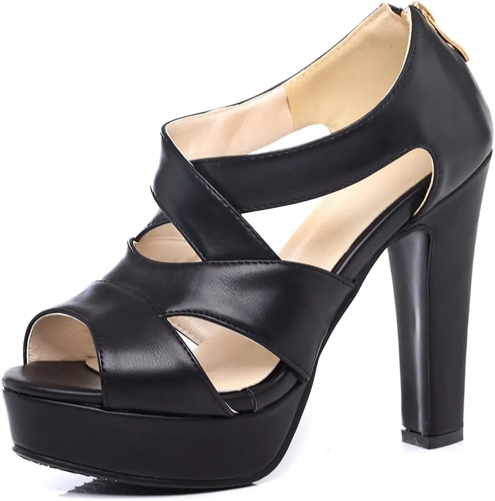 VOKLIN Women's Peep Toe Platform Block High Heel Sandals Cross Strappy Back Zipper Pump Dressy Heeled Sandal
