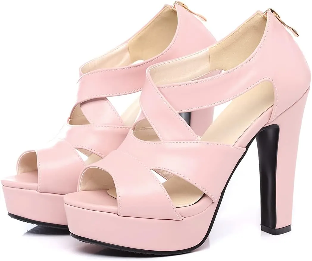 VOKLIN Women's Peep Toe Platform Block High Heel Sandals Cross Strappy Back Zipper Pump Dressy Heeled Sandal