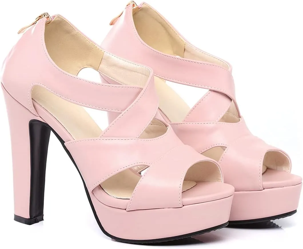 VOKLIN Women's Peep Toe Platform Block High Heel Sandals Cross Strappy Back Zipper Pump Dressy Heeled Sandal