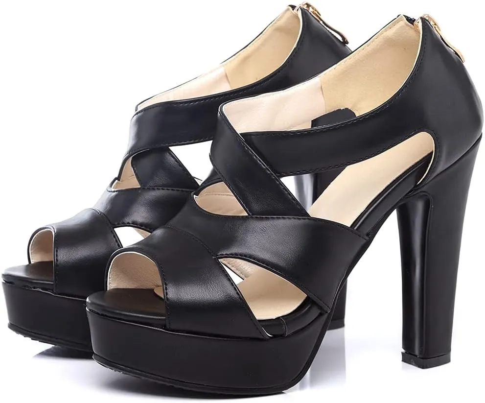 VOKLIN Women's Peep Toe Platform Block High Heel Sandals Cross Strappy Back Zipper Pump Dressy Heeled Sandal