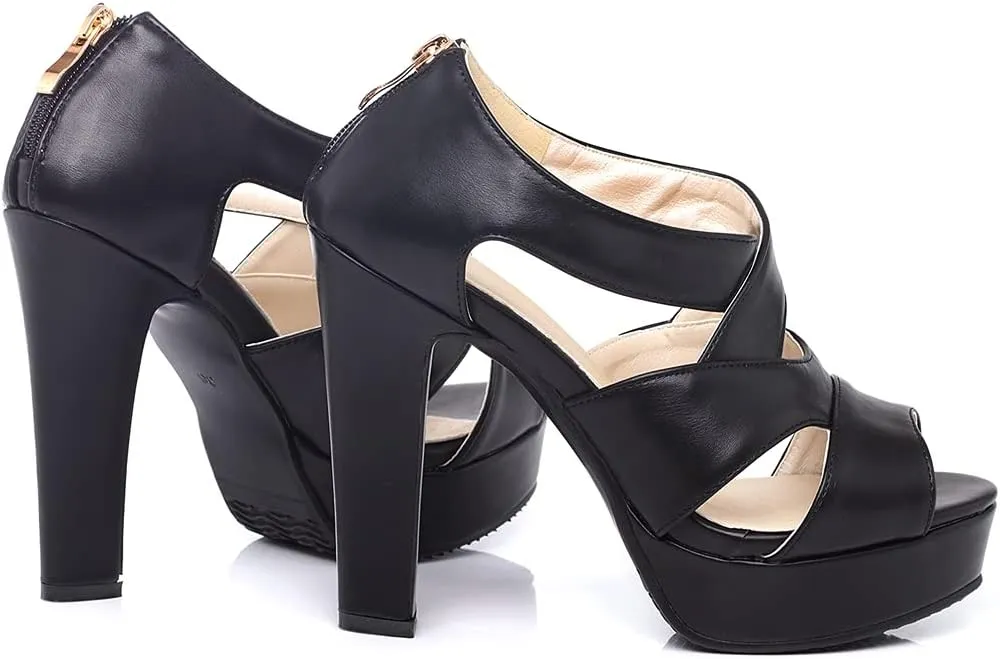 VOKLIN Women's Peep Toe Platform Block High Heel Sandals Cross Strappy Back Zipper Pump Dressy Heeled Sandal