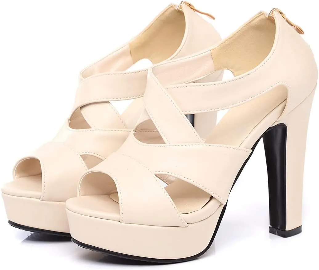 VOKLIN Women's Peep Toe Platform Block High Heel Sandals Cross Strappy Back Zipper Pump Dressy Heeled Sandal