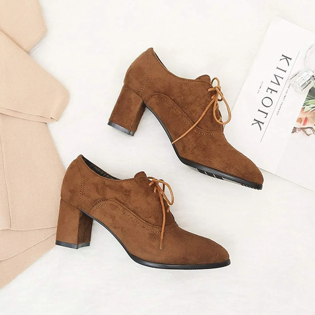 VOKLIN Women's Pointed Toe Lace Up Pump Oxfords Suede Vintage Brogue Chunky Block Mid Heel Office Dress Shoes