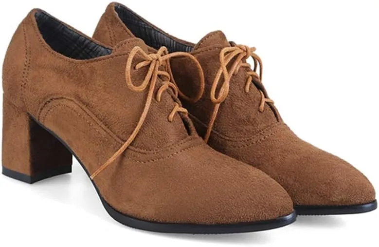 VOKLIN Women's Pointed Toe Lace Up Pump Oxfords Suede Vintage Brogue Chunky Block Mid Heel Office Dress Shoes