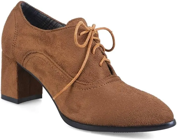 VOKLIN Women's Pointed Toe Lace Up Pump Oxfords Suede Vintage Brogue Chunky Block Mid Heel Office Dress Shoes