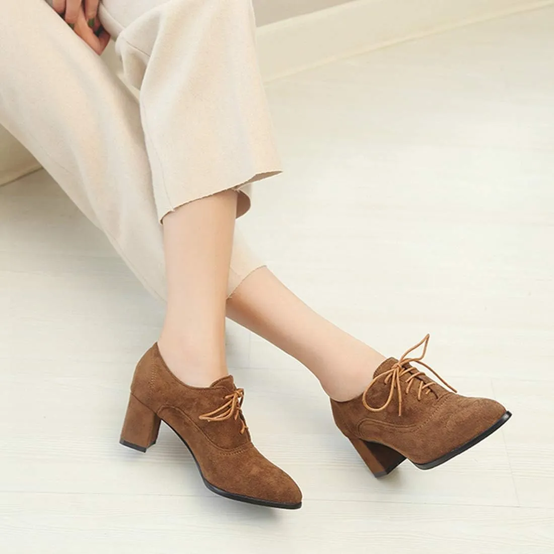 VOKLIN Women's Pointed Toe Lace Up Pump Oxfords Suede Vintage Brogue Chunky Block Mid Heel Office Dress Shoes