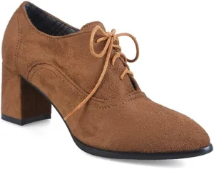 VOKLIN Women's Pointed Toe Lace Up Pump Oxfords Suede Vintage Brogue Chunky Block Mid Heel Office Dress Shoes