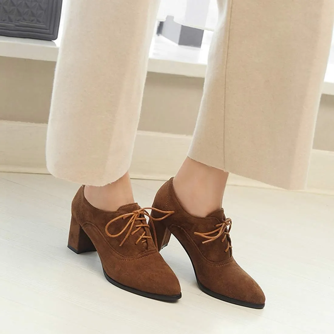 VOKLIN Women's Pointed Toe Lace Up Pump Oxfords Suede Vintage Brogue Chunky Block Mid Heel Office Dress Shoes