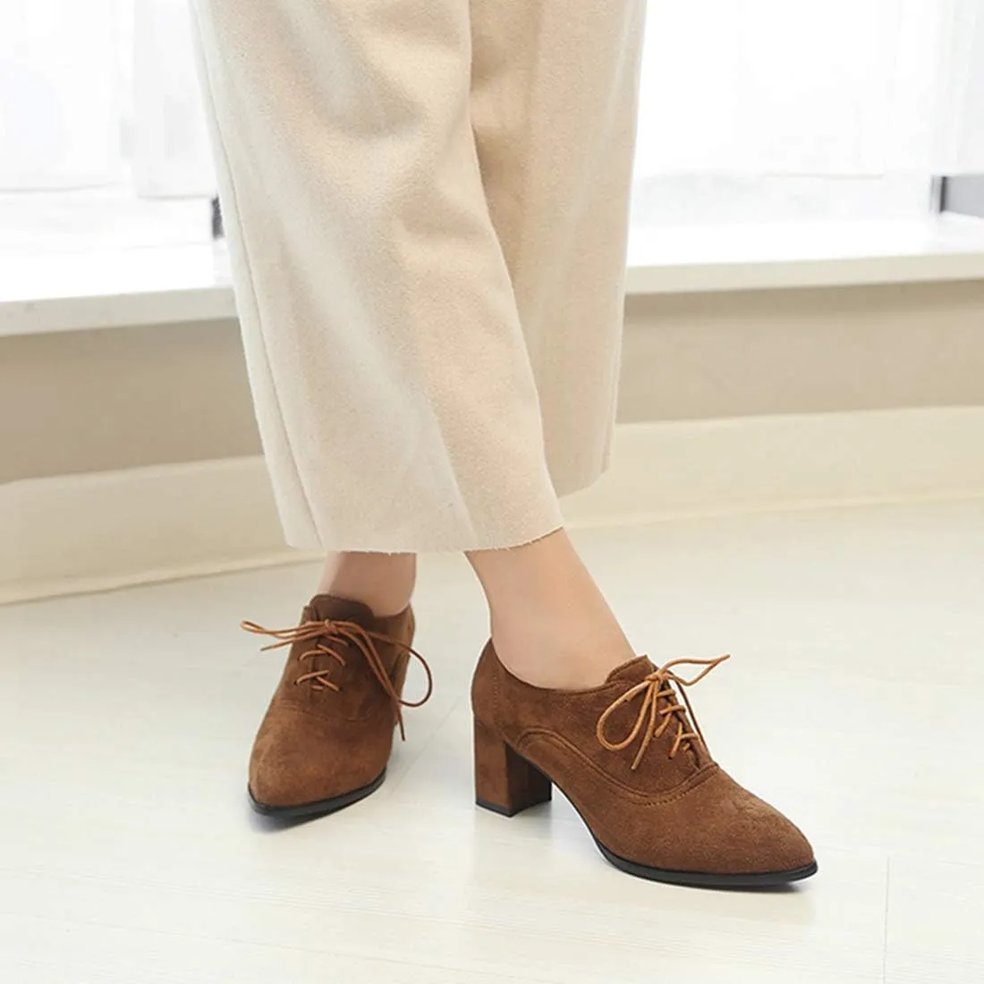 VOKLIN Women's Pointed Toe Lace Up Pump Oxfords Suede Vintage Brogue Chunky Block Mid Heel Office Dress Shoes