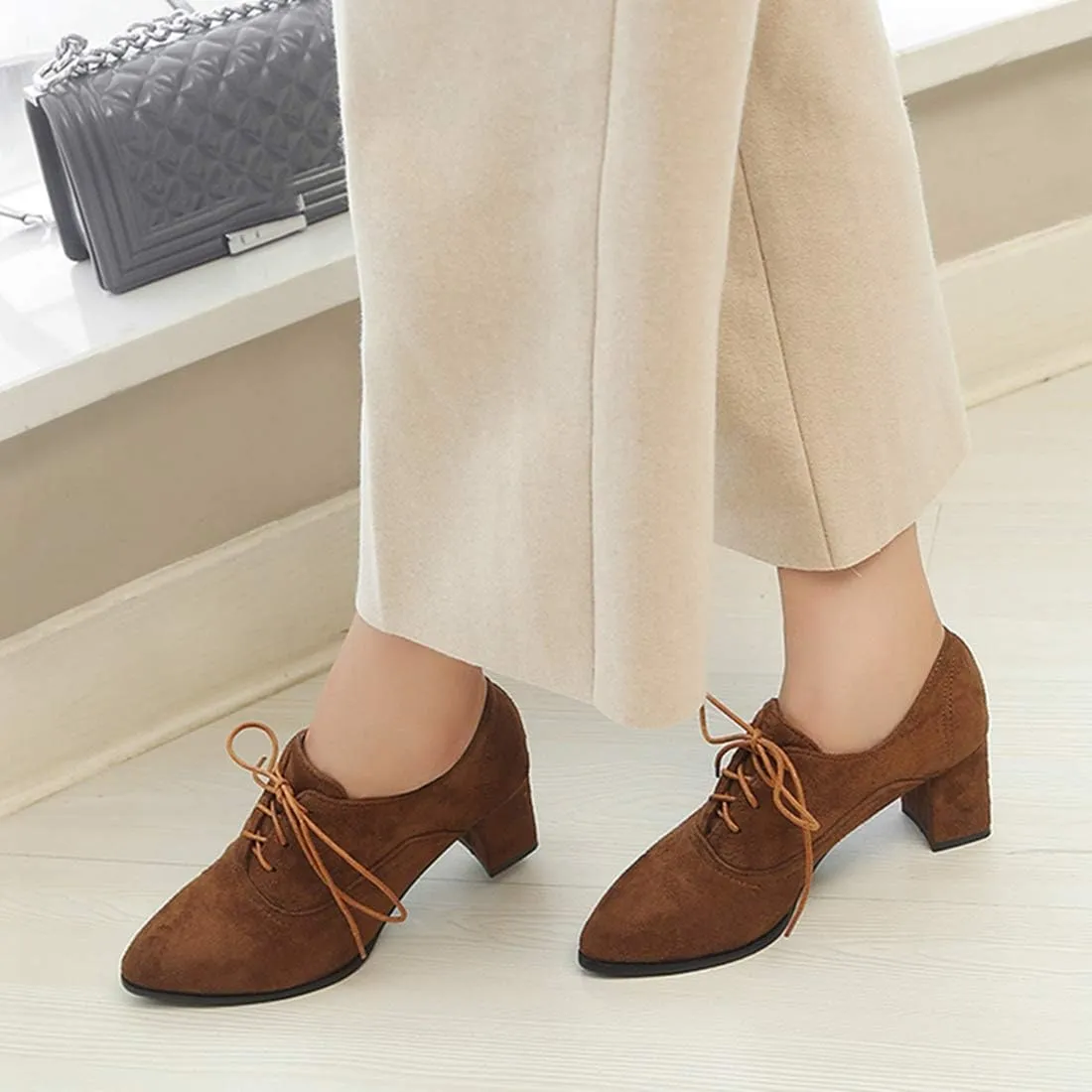 VOKLIN Women's Pointed Toe Lace Up Pump Oxfords Suede Vintage Brogue Chunky Block Mid Heel Office Dress Shoes