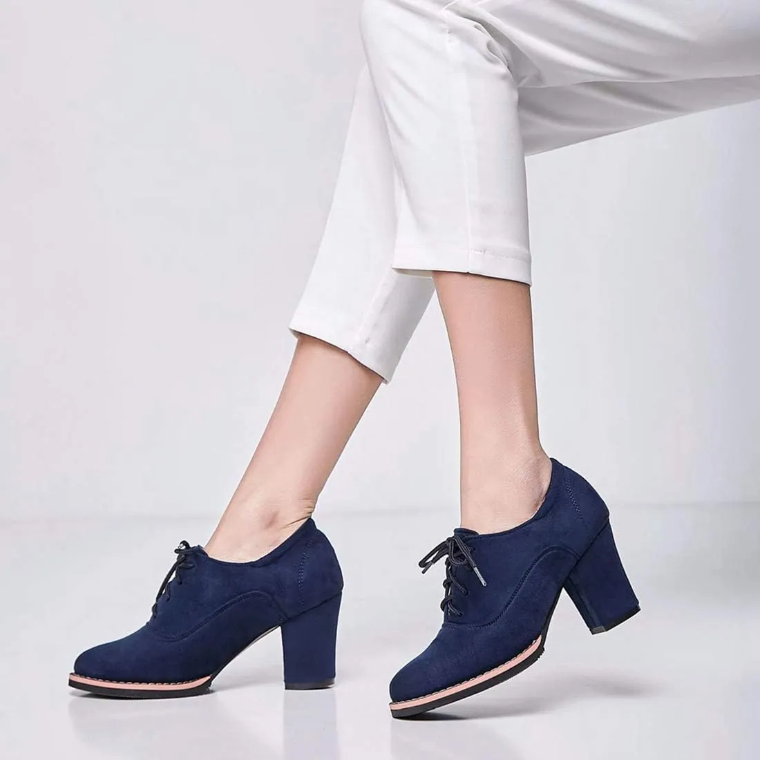 VOKLIN Women's Round Toe Suede Lace Up Half Ankle Booties Chunky Block Heel Dress Short Boots Oxford Shoes