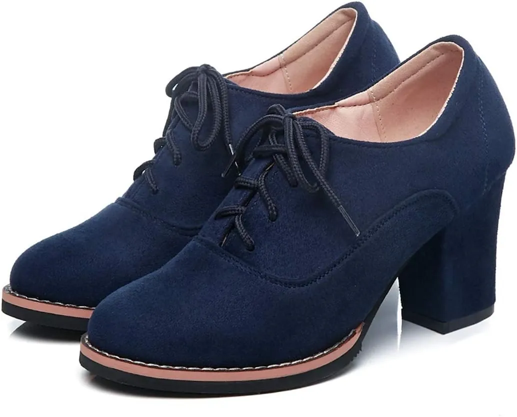 VOKLIN Women's Round Toe Suede Lace Up Half Ankle Booties Chunky Block Heel Dress Short Boots Oxford Shoes