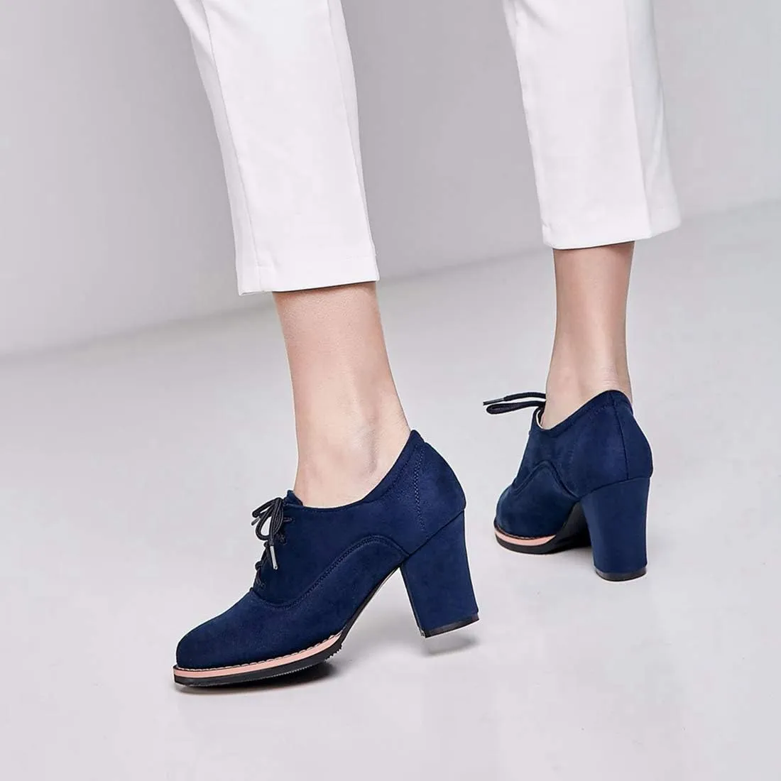 VOKLIN Women's Round Toe Suede Lace Up Half Ankle Booties Chunky Block Heel Dress Short Boots Oxford Shoes