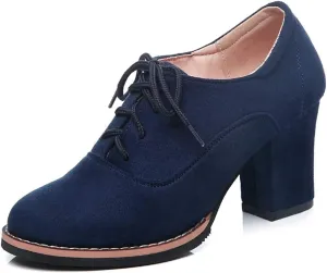 VOKLIN Women's Round Toe Suede Lace Up Half Ankle Booties Chunky Block Heel Dress Short Boots Oxford Shoes