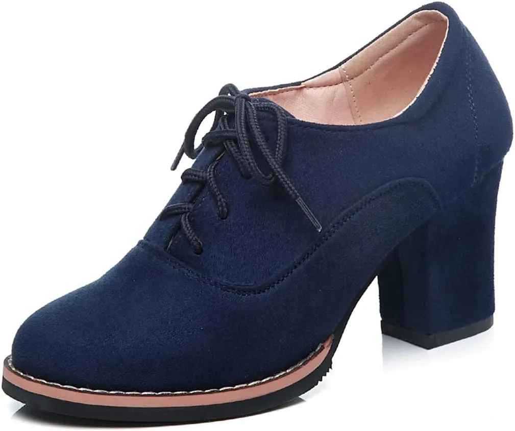VOKLIN Women's Round Toe Suede Lace Up Half Ankle Booties Chunky Block Heel Dress Short Boots Oxford Shoes