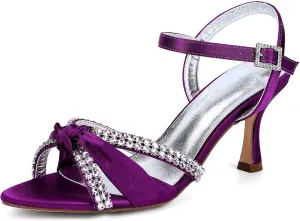 Wedding Heels Women's 7CM Kitten Slingback Heels Ankle Buckle Open Toe Rhinestones Sandals Shoes Beach Satin for Casual Comfort Pump