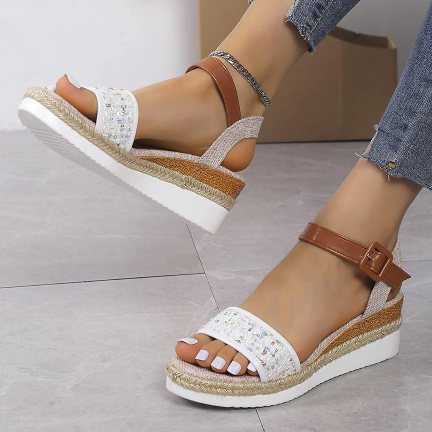 Wedge Sandals for Women Dressy Summer Comfortable Open Toe Platform Casual Dressy Slides Sandals Adjustable Ankle Strap Buckle Espadrille Sandal
