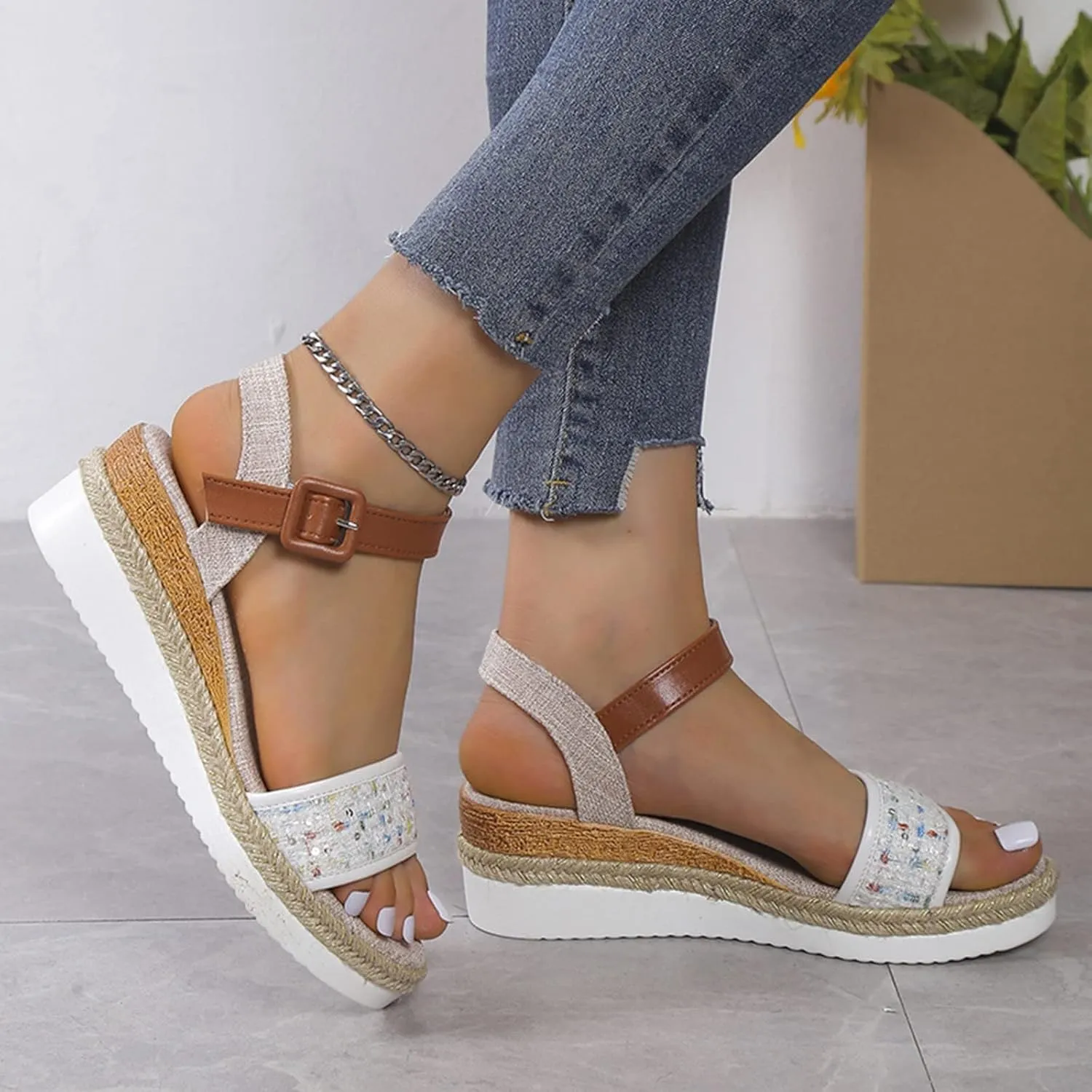 Wedge Sandals for Women Dressy Summer Comfortable Open Toe Platform Casual Dressy Slides Sandals Adjustable Ankle Strap Buckle Espadrille Sandal