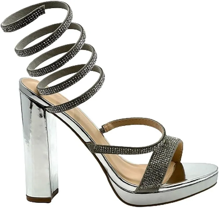 Wild Diva Women's Rhinestone Spiral Ankle Wrap Strap High Chunky Block Heels - MORRIN-65