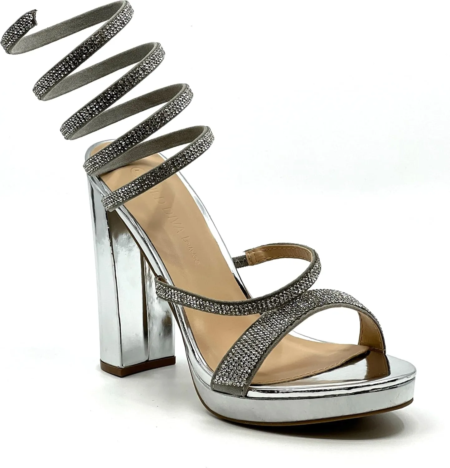 Wild Diva Women's Rhinestone Spiral Ankle Wrap Strap High Chunky Block Heels - MORRIN-65