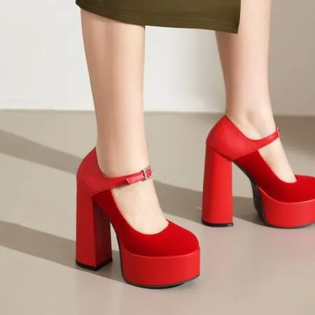 Women Ankle Strap Platform Pumps Round Toe Chunky High Heels with Rhinestones Belt Buckles