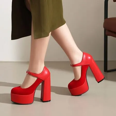 Women Ankle Strap Platform Pumps Round Toe Chunky High Heels with Rhinestones Belt Buckles