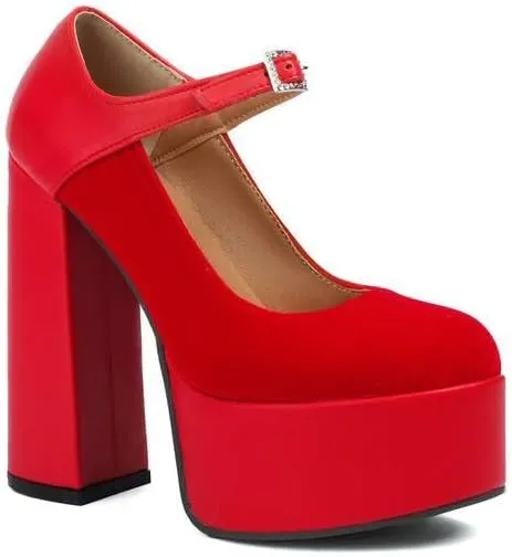 Women Ankle Strap Platform Pumps Round Toe Chunky High Heels with Rhinestones Belt Buckles