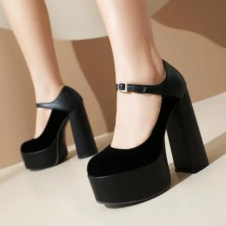 Women Ankle Strap Platform Pumps Round Toe Chunky High Heels with Rhinestones Belt Buckles
