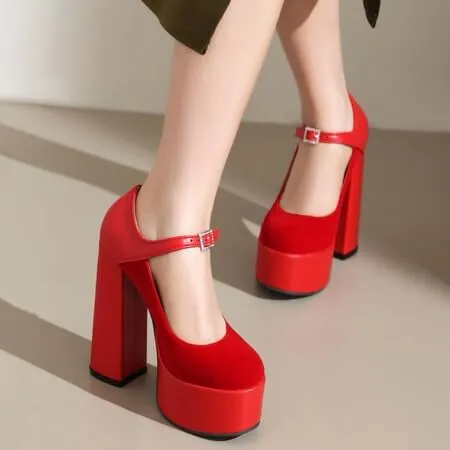 Women Ankle Strap Platform Pumps Round Toe Chunky High Heels with Rhinestones Belt Buckles