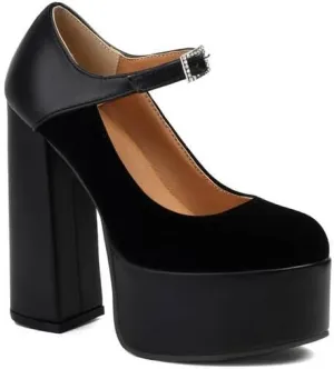 Women Ankle Strap Platform Pumps Round Toe Chunky High Heels with Rhinestones Belt Buckles