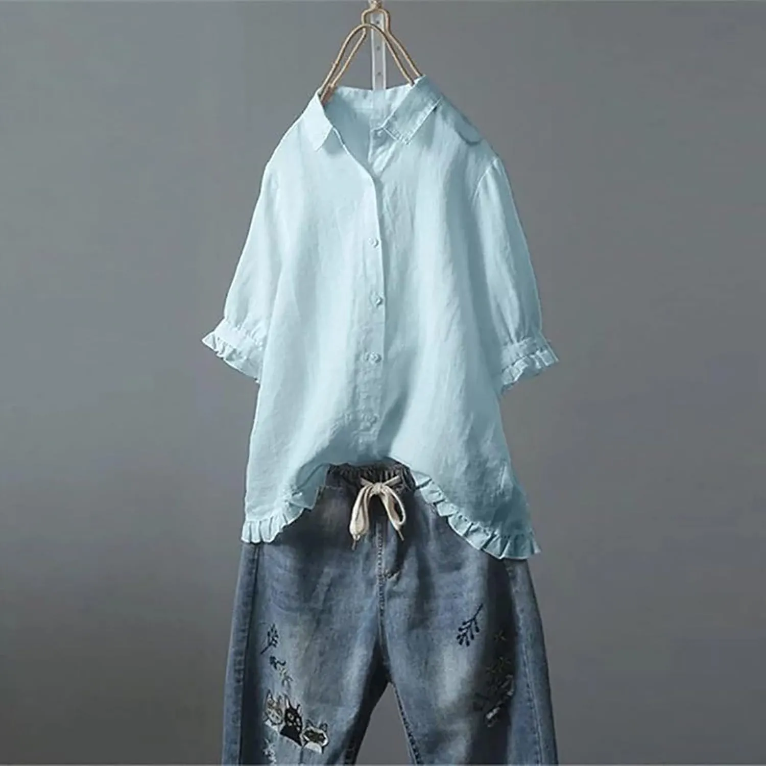 Women Bohemian Linen Short Sleeve T Shirts Summer 2024 Fashion Casual Plus Size Tee Shirt V-Neck Loose Tshirt