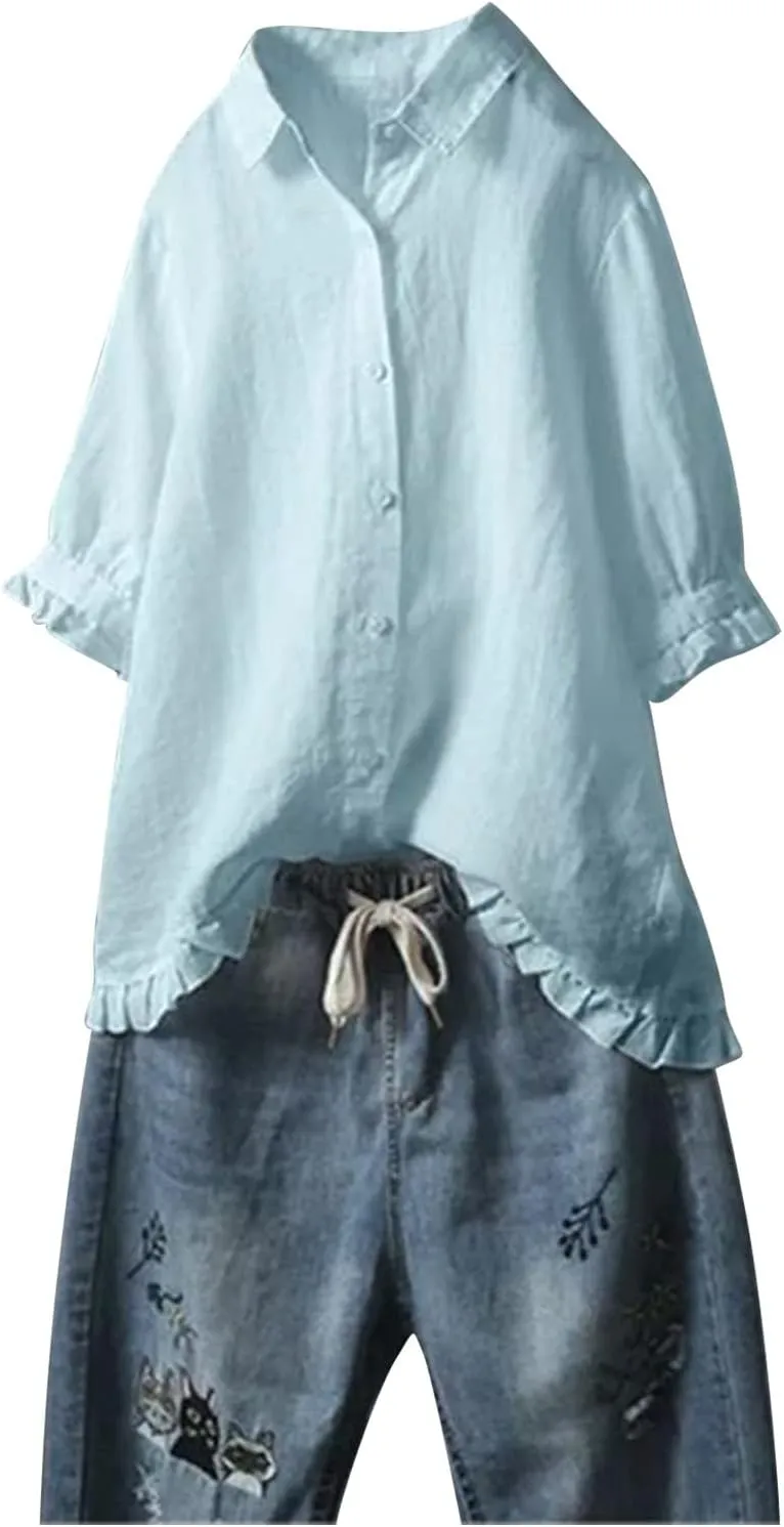 Women Bohemian Linen Short Sleeve T Shirts Summer 2024 Fashion Casual Plus Size Tee Shirt V-Neck Loose Tshirt