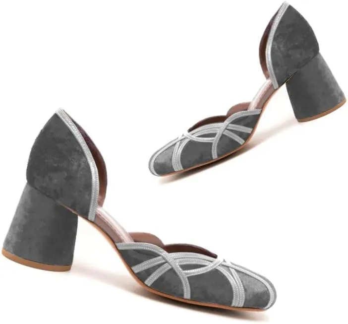 Women Chunky Heel Round Toe Pumps Velvet Cut Out Sandal Heels Closed Round Toe 3 inch Block Heel Pump Shoes Two Tone Strappy Fashion Retro Wedding Party Dress Heels Comfy 4-11 M US