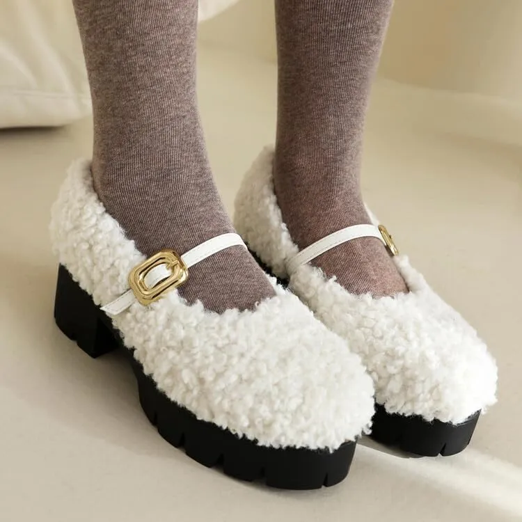 Women Platform Mary Jane Faux Fur Low Block Heels with Belt Buckles