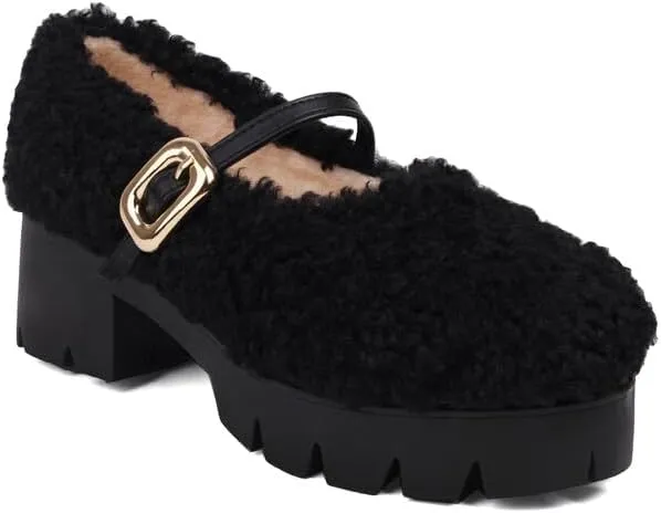Women Platform Mary Jane Faux Fur Low Block Heels with Belt Buckles